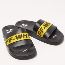 Pre Owned Off-White Black/Yellow Leather and Logo Canvas Industrial Slides Size 41