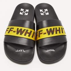 Pre Owned Off-White Black/Yellow Leather and Logo Canvas Industrial Slides Size 41