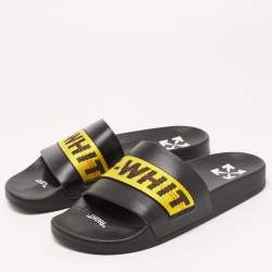 Pre Owned Off-White Black/Yellow Leather and Logo Canvas Industrial Slides Size 41