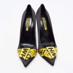 Pre Owned Off-White Black/Yellow Satin and Logo Canvas Pumps Size 40
