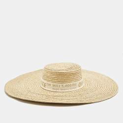 Off White Beige Wide-Brim Straw Panama Hat One Size
