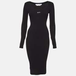 Pre Owned Off-White Logo Print Black Rib Knit Bodycon Dress M