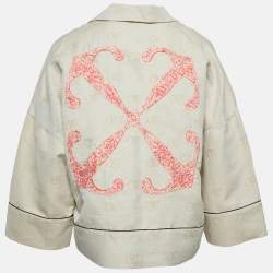 Pre Owned Off-White Beige Monogram Linen Blend Arrow Embroidered Crop Shirt S