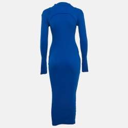 Pre Owned Off-White Blue Logo Print Rib Knit Midi Dress S