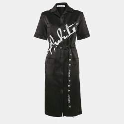 Off-White Black Printed Satin Button Front Belted Tokyo Dress XS