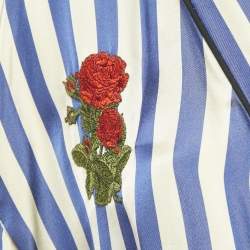 Pre Owned Off-White Blue/White Striped Satin Rose Applique Robe S