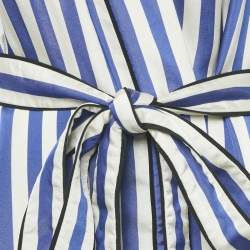 Pre Owned Off-White Blue/White Striped Satin Rose Applique Robe S