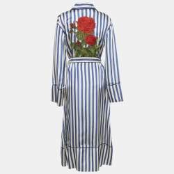 Pre Owned Off-White Blue/White Striped Satin Rose Applique Robe S