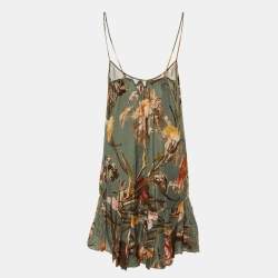 Pre Owned Off-White Green Floral Print Satin Flounced Slip Dress M