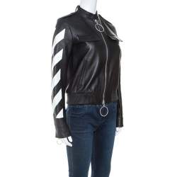 Off White Black Leather Contrast Detail Zip Front Jacket S
