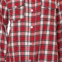 Off-White Red Checkered Wool & Cotton Button Front Oversized Long Shirt M