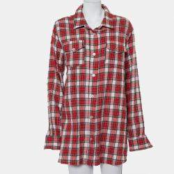 Off-White Red Checkered Wool & Cotton Button Front Oversized Long Shirt M