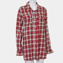 Off-White Red Checkered Wool & Cotton Button Front Oversized Long Shirt M