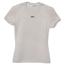 Pre Owned Off-White Beige Jersey Logo Printed Crewneck T-Shirt XS