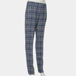 Pre Owned Off-White Blue & Grey Patterned Wool Zip Detail tapered Leg Pants M