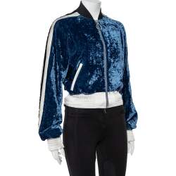 Pre Owned Off-White Navy Blue Velvet  & Satin Trim Zip Front Bomber Jacket S 