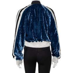 Pre Owned Off-White Navy Blue Velvet  & Satin Trim Zip Front Bomber Jacket S 