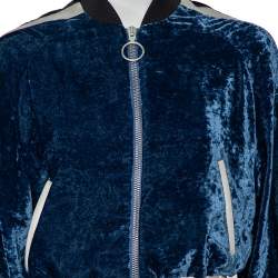 Pre Owned Off-White Navy Blue Velvet  & Satin Trim Zip Front Bomber Jacket S 