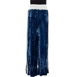 Off-White Navy Blue Velvet Contrast Trim Wide Leg Track Pants S