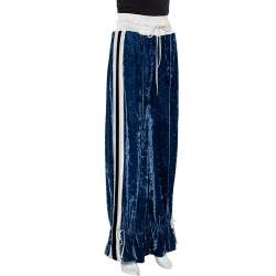 Off-White Navy Blue Velvet Contrast Trim Wide Leg Track Pants S
