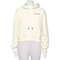 Pre Owned Off-White Cream Cotton Knit Logo Embroidered Cropped Hoodie S
