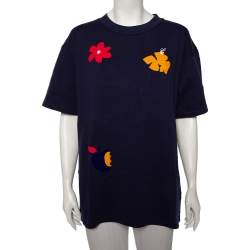 Pre Owned Off-White Navy Blue Flocked Cotton Knit Oversized Crewneck T-Shirt M
