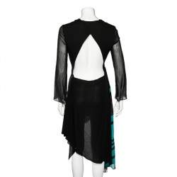 Pre Owned Off White Black Silk Chiffon Contrast Paneled Asymmetric Dress M