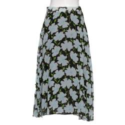 Pre Owned Off-White Multicolored Floral Printed Silk Pleated Midi Skirt M