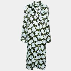 Off-White Blue Floral Printed Satin Open Front Lightweight Coat M