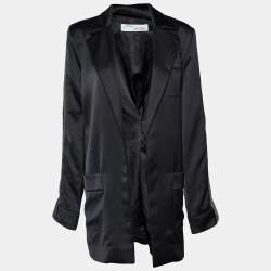 Pre Owned Off-White Black Satin Crepe Logo Strip Detail Open Front Long Blazer M
