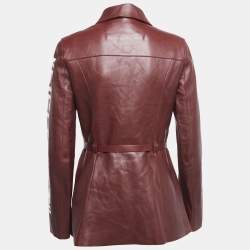 Pre Owned Off-White Burgundy Leather Contrast Printed Sleeve Zip Front Belted Jacket S