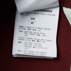 Pre Owned Off-White Burgundy Leather Contrast Printed Sleeve Zip Front Belted Jacket S