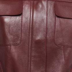 Pre Owned Off-White Burgundy Leather Contrast Printed Sleeve Zip Front Belted Jacket S