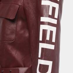 Pre Owned Off-White Burgundy Leather Contrast Printed Sleeve Zip Front Belted Jacket S
