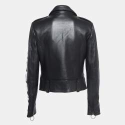 Pre Owned Off-White Black Leather Printed Sleeve Zip Detail Biker Jacket M