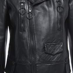 Pre Owned Off-White Black Leather Printed Sleeve Zip Detail Biker Jacket M
