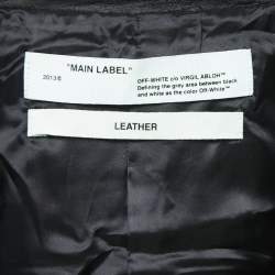 Pre Owned Off-White Black Leather Printed Sleeve Zip Detail Biker Jacket M