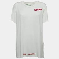 مملوكة مسبقًا Off-White White Rose Print Cotton Blend Knit Half Sleeve T-Shirt S