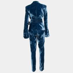 Pre Owned Off-White Navy Blue Velvet Belted Blazer & Pants Set M