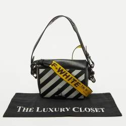 Pre Owned Off-White Black/White Diagonal Print Leather Binder Clip Crossbody Bag
