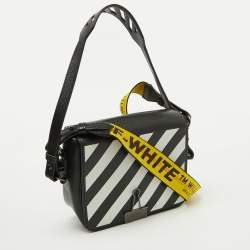 Pre Owned Off-White Black/White Diagonal Print Leather Binder Clip Crossbody Bag