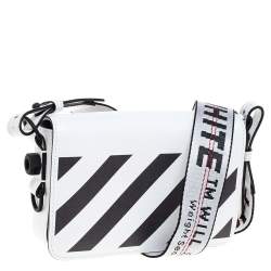 Pre Owned Off-White White/Black Diag Print Leather Binder Clip Crossbody Bag