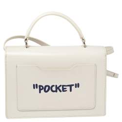 Pre Owned OFF-WHITE White Leather 1.4 Jitney Quote Bag "SALARY INSIDE" Top  Handle Bag