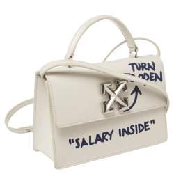 Pre Owned OFF-WHITE White Leather 1.4 Jitney Quote Bag "SALARY INSIDE" Top  Handle Bag