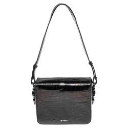 Pre Owned Off-White Black Crocodile Embossed Leather Binder Clip Shoulder Bag