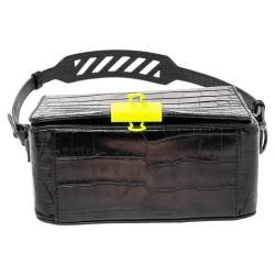 Pre Owned Off-White Black Crocodile Embossed Leather Binder Clip Shoulder Bag