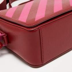 Pre Owned Off-White Red/Pink Diagonal Striped Leather Flap Crossbody Bag