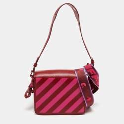 Pre Owned Off-White Red/Pink Diagonal Striped Leather Flap Crossbody Bag