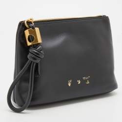 Pre Owned Off-White Black Leather Off Hands Zipped 25 Pouch