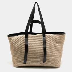 Pre Owned Off-White Beige/Black Raffia and Leather Commercial Tote